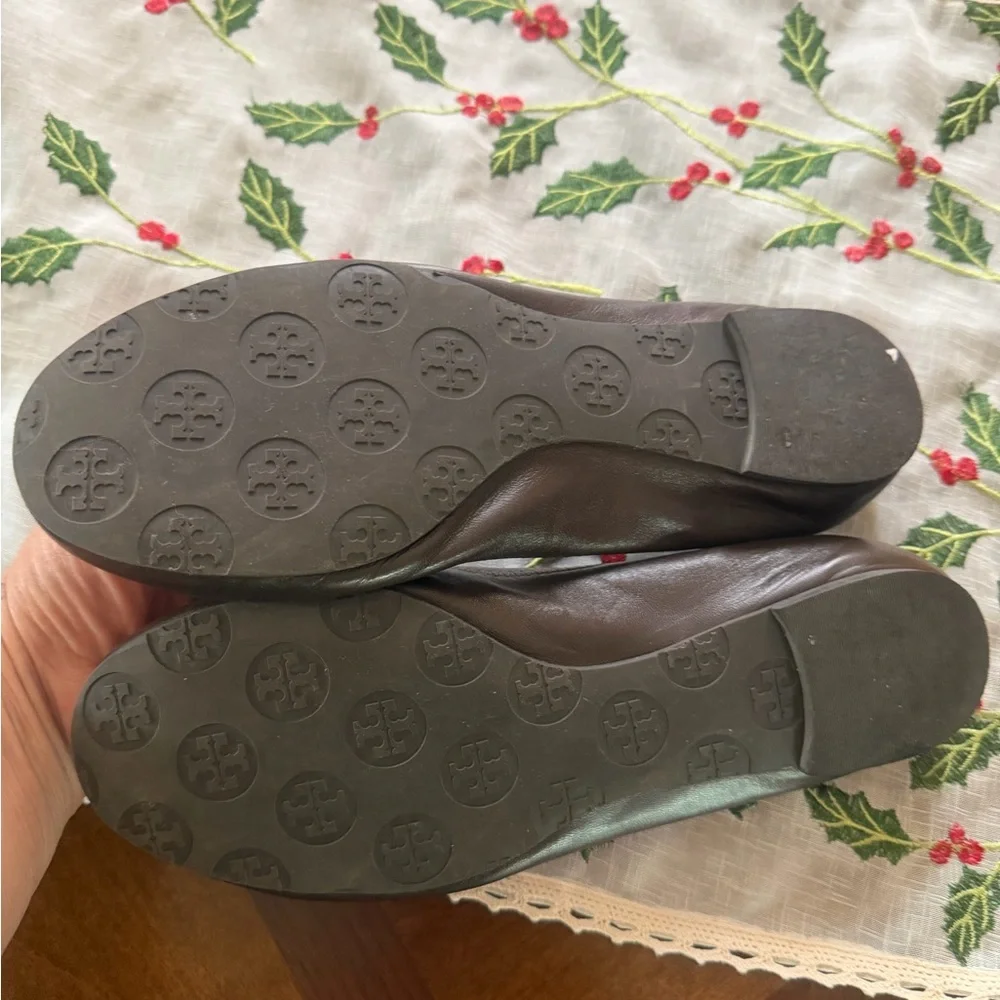 Tory Burch Dark Brown Leather Flats with Gold Emblem
